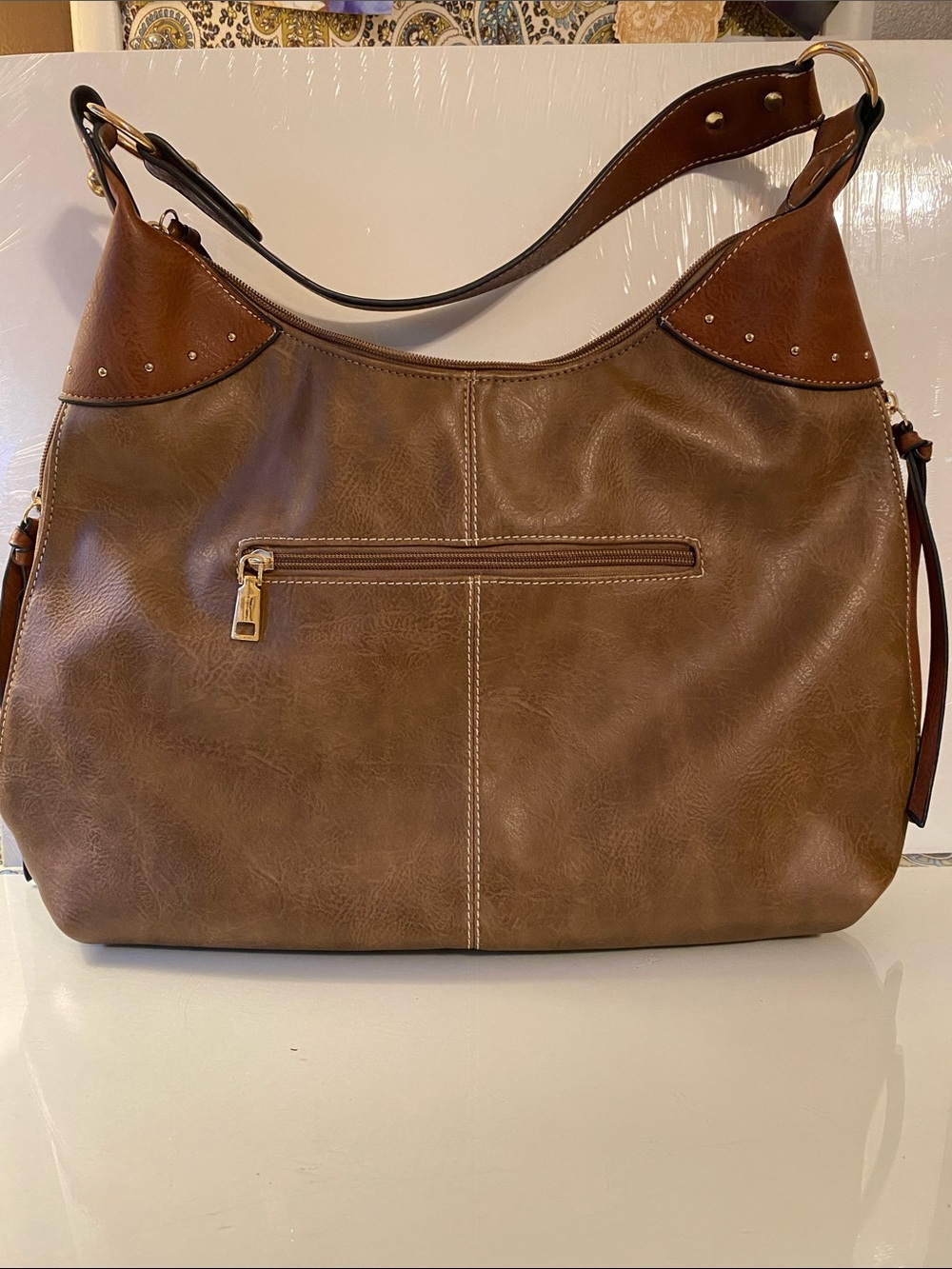 Classic Concealed Carry Brown Shoulder Hobo Bag with Gold Hardware